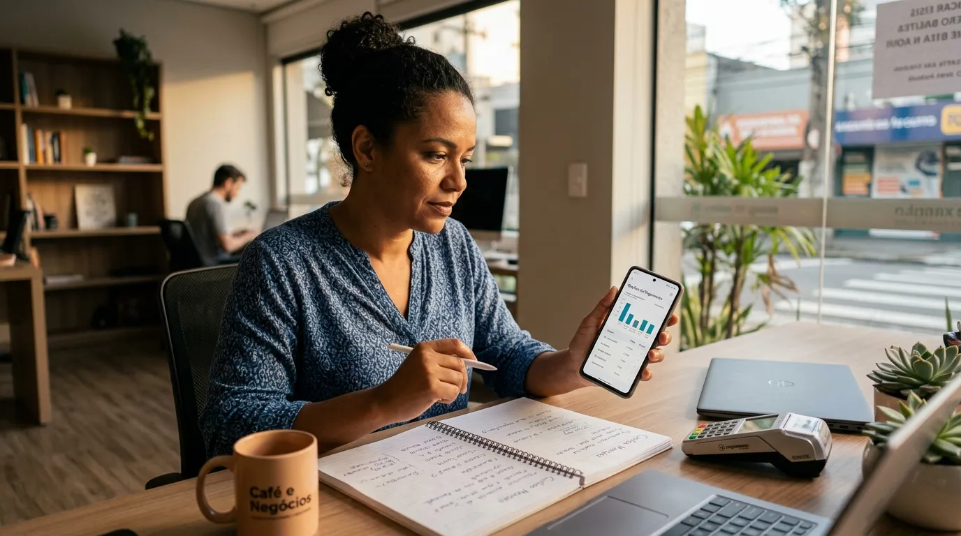 Pessoa empreendedora analisando taxas de link de pagamento no celular. 