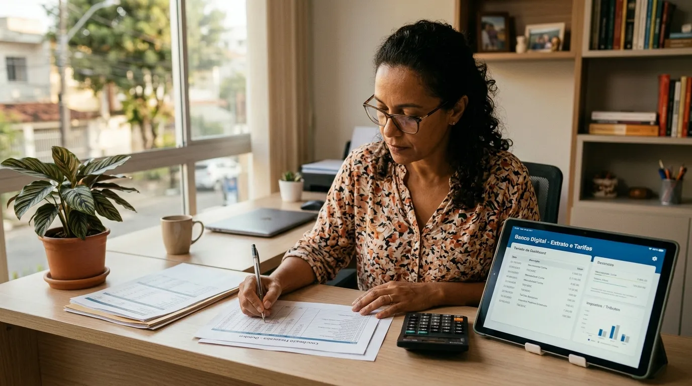 Pessoa comparando no celular a diferença entre tarifa bancária e imposto sobre o Pix. 