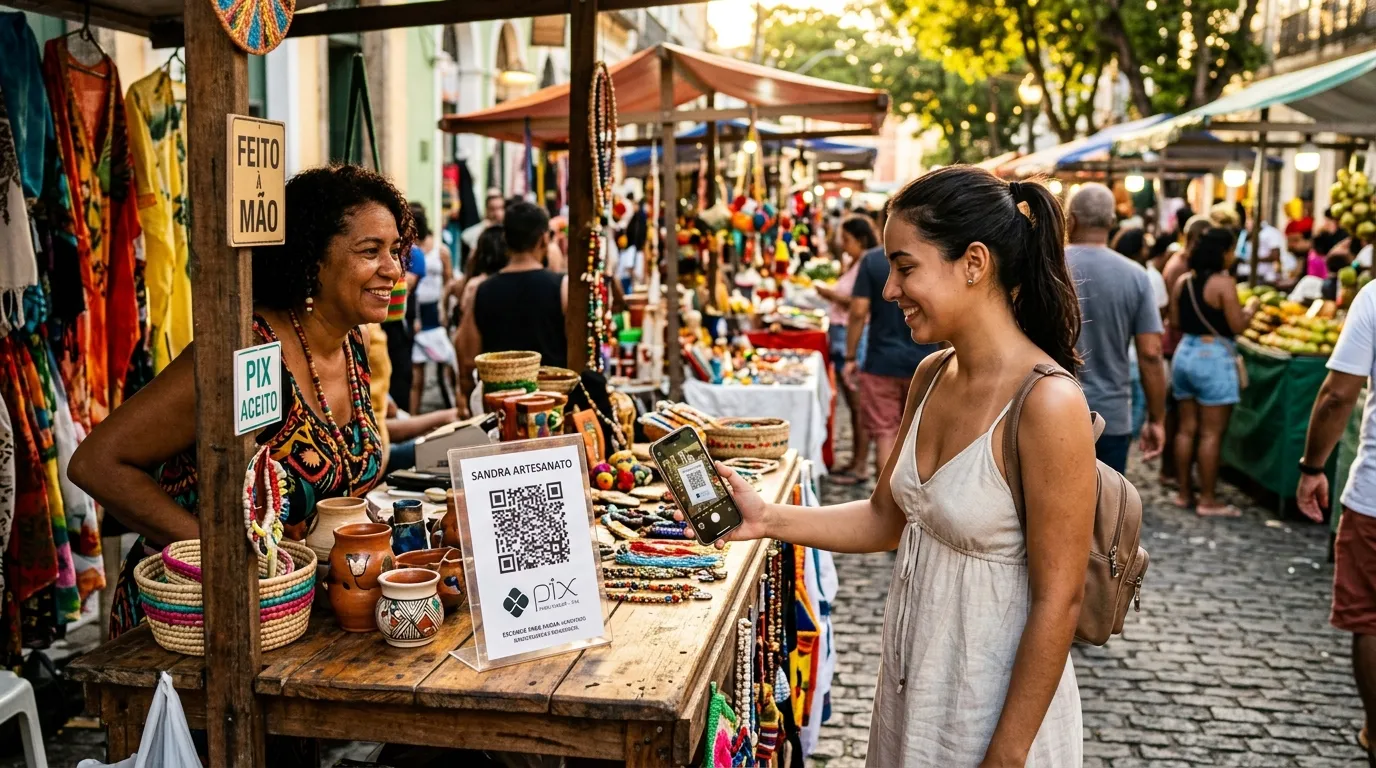Feirante brasileira recebe pagamento via QR Code Pix em feira de artesanato.