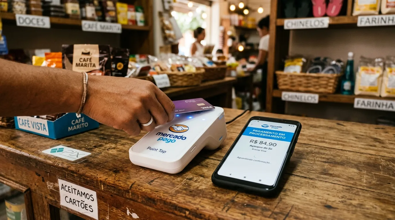 Maquininha Point Tap Mercado Pago com taxas de juros visíveis.