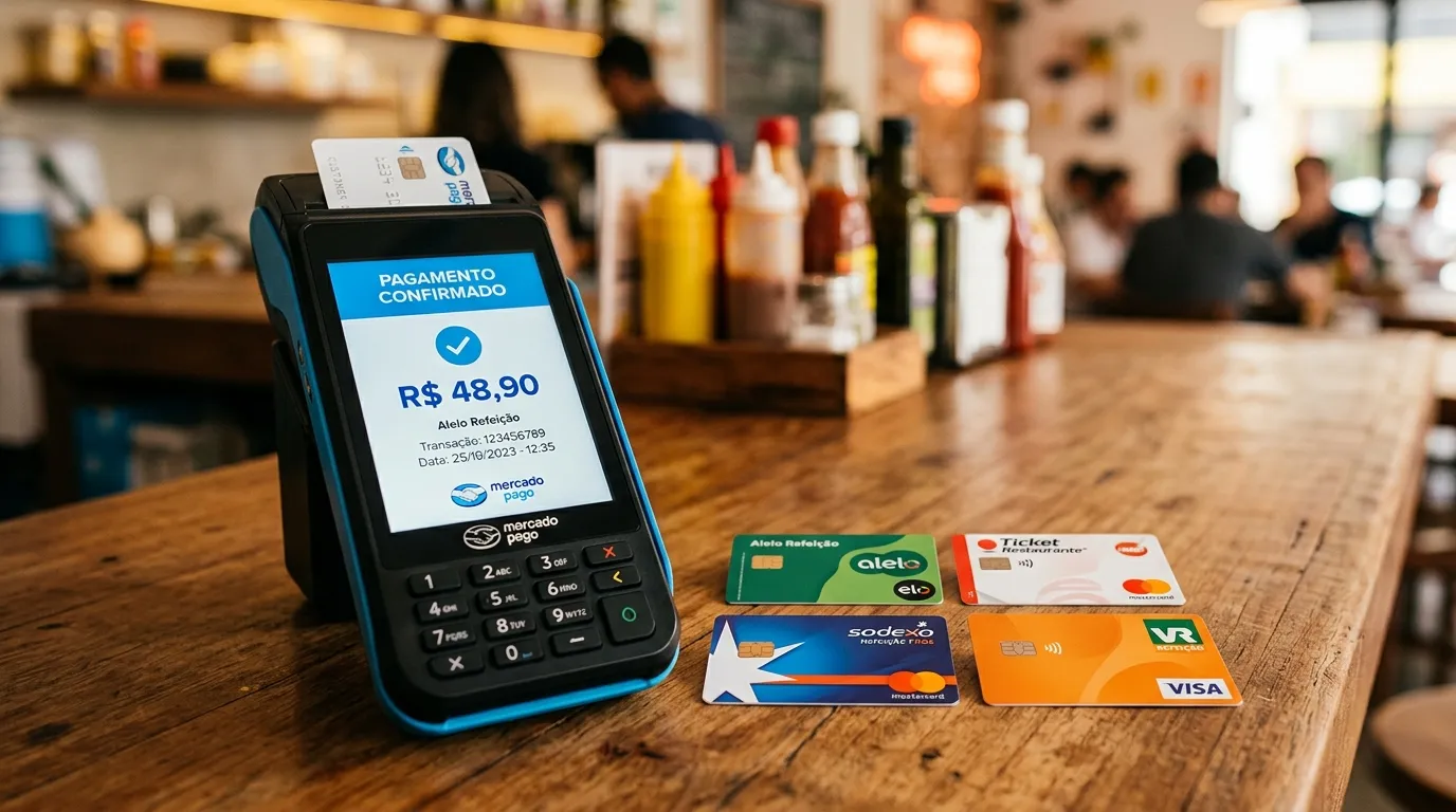 Maquininha Mercado Pago aceitando pagamento de vale-refeição com bandeiras como Alelo, Ticket e Pluxee. 