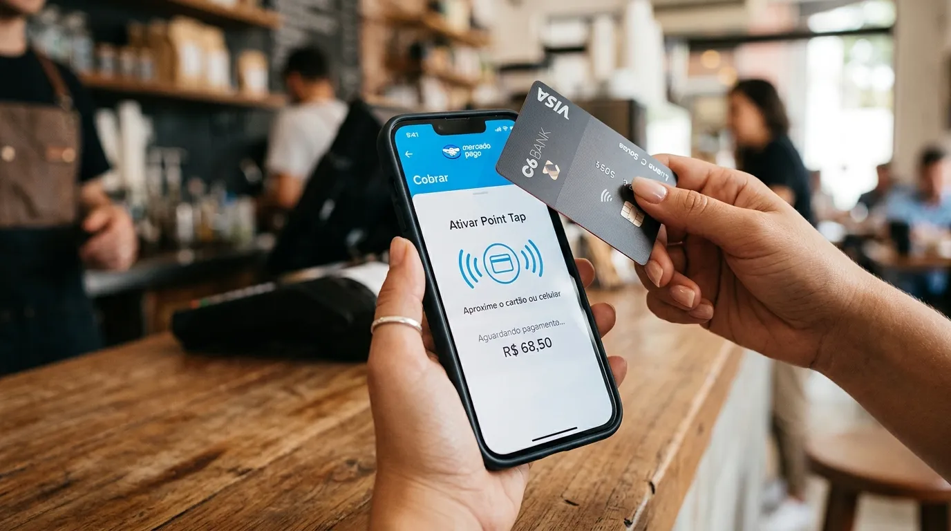 Tela do aplicativo Mercado Pago com a função Point Tap ativada para receber pagamentos. 