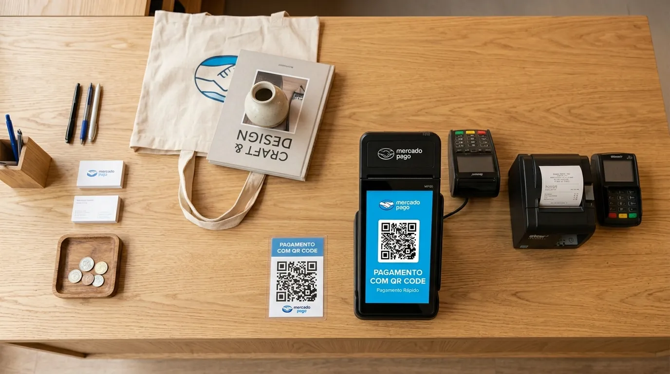  Terminal Mercado Pago exibe QR Code dinâmico ao lado de código estático impresso. 