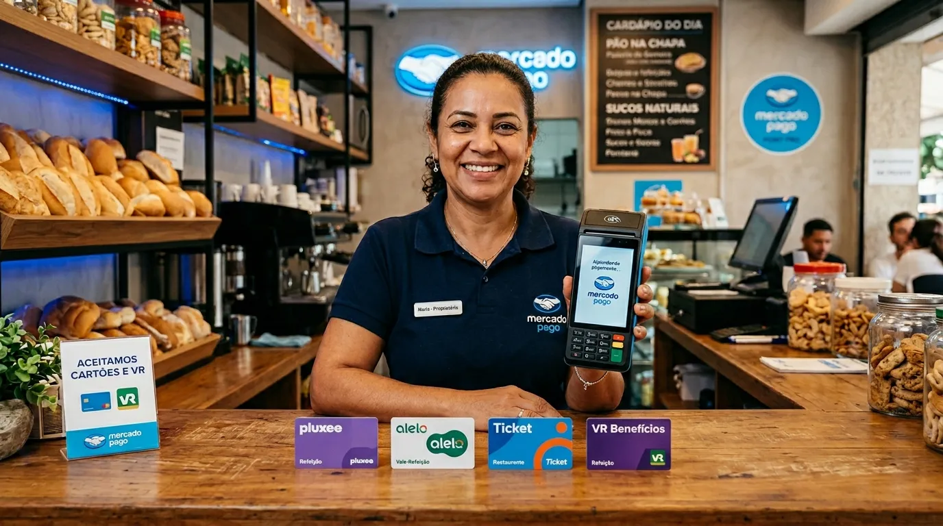 Comerciante brasileiro usando maquininha Mercado Pago para aceitar vale-alimentação e vale-refeição no seu estabelecimento.