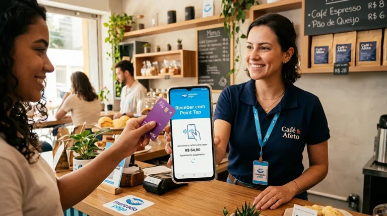 Empreendedor usando o Point Tap do Mercado Pago para receber pagamento por aproximação no celular.