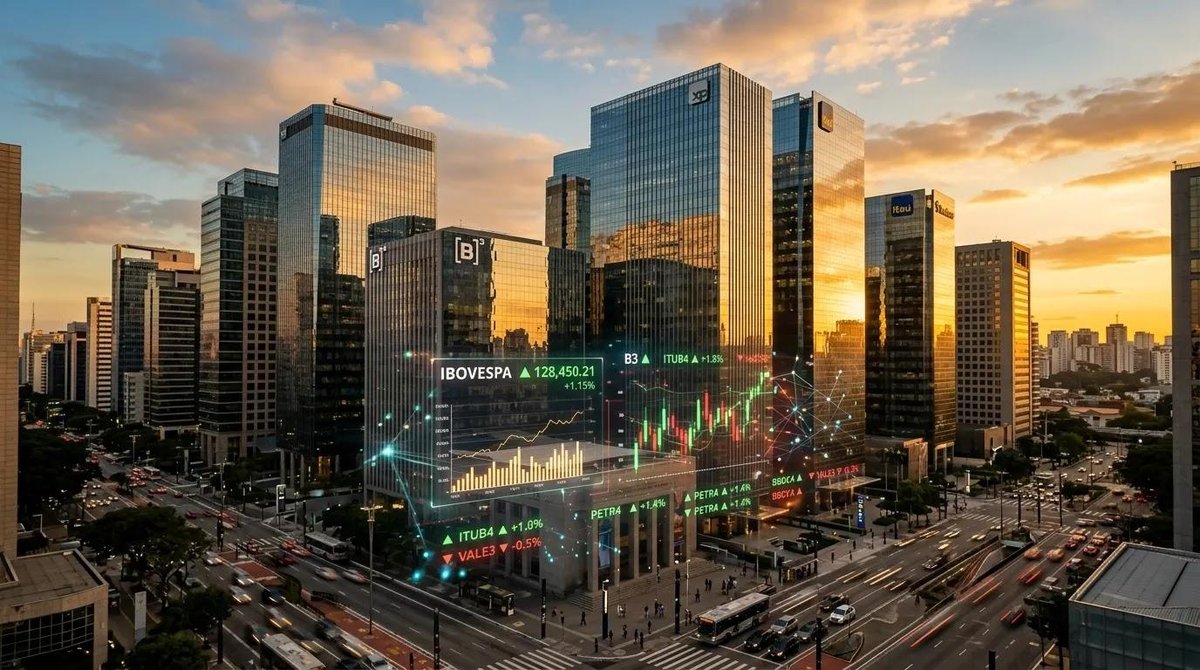 Centro financeiro representando o mercado de ações