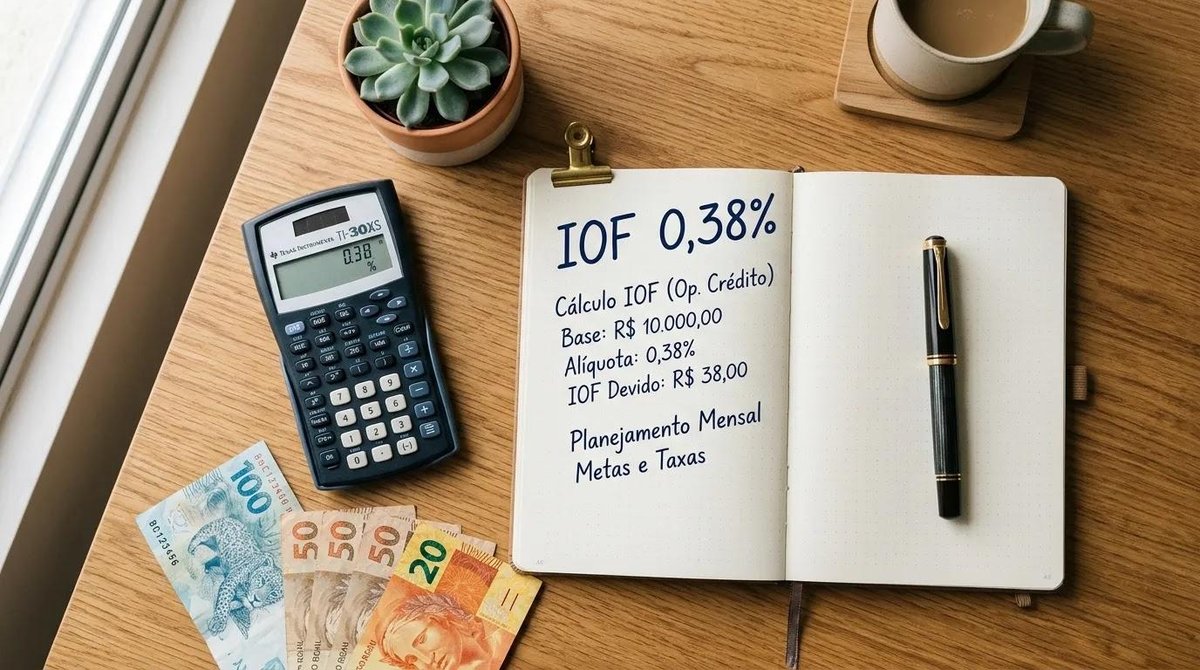 dinheiro, calculadora e caderno com cálculo IOF