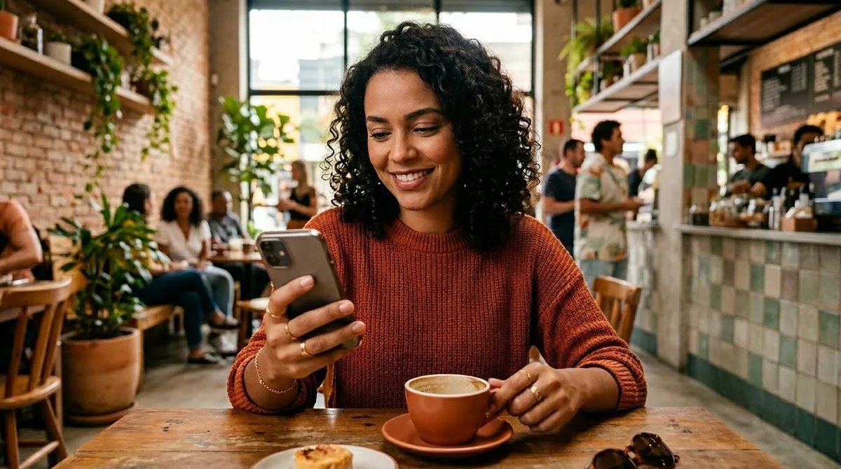 mulher em café calcula IOF no celular