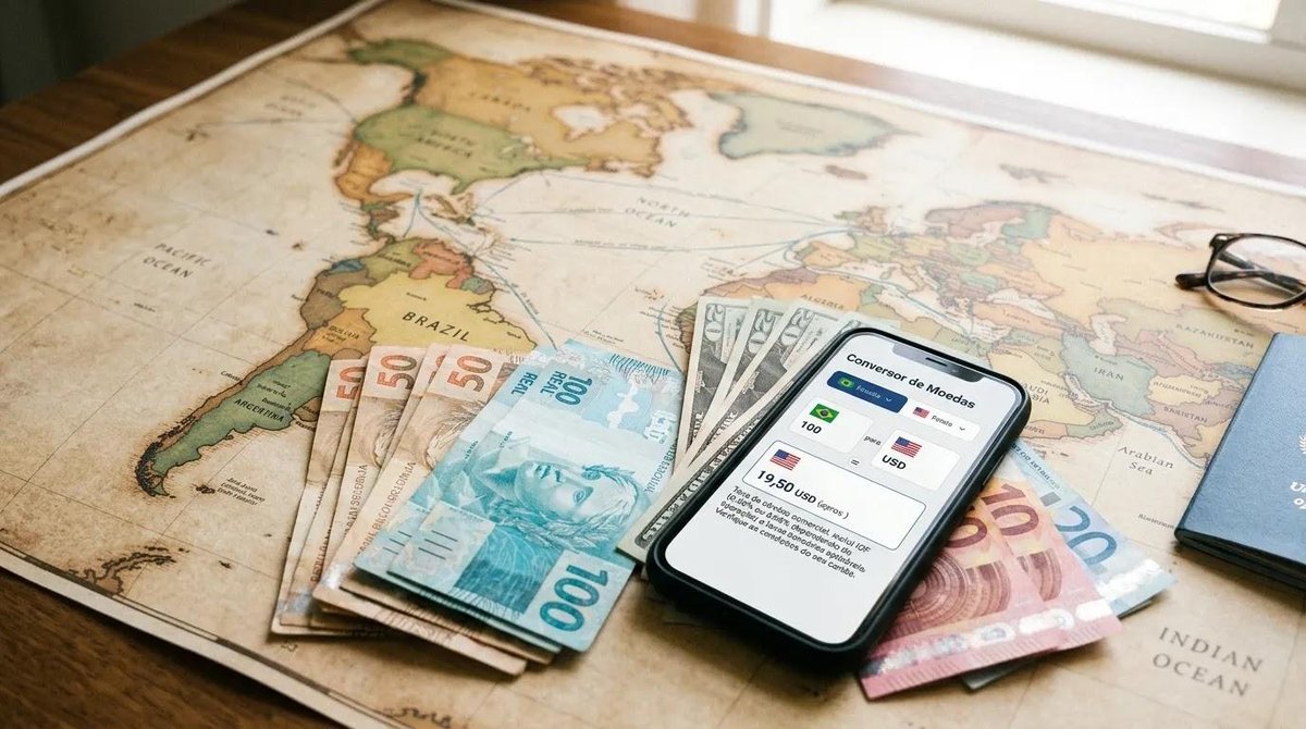 dinheiro e celular sobre um mapa na mesa