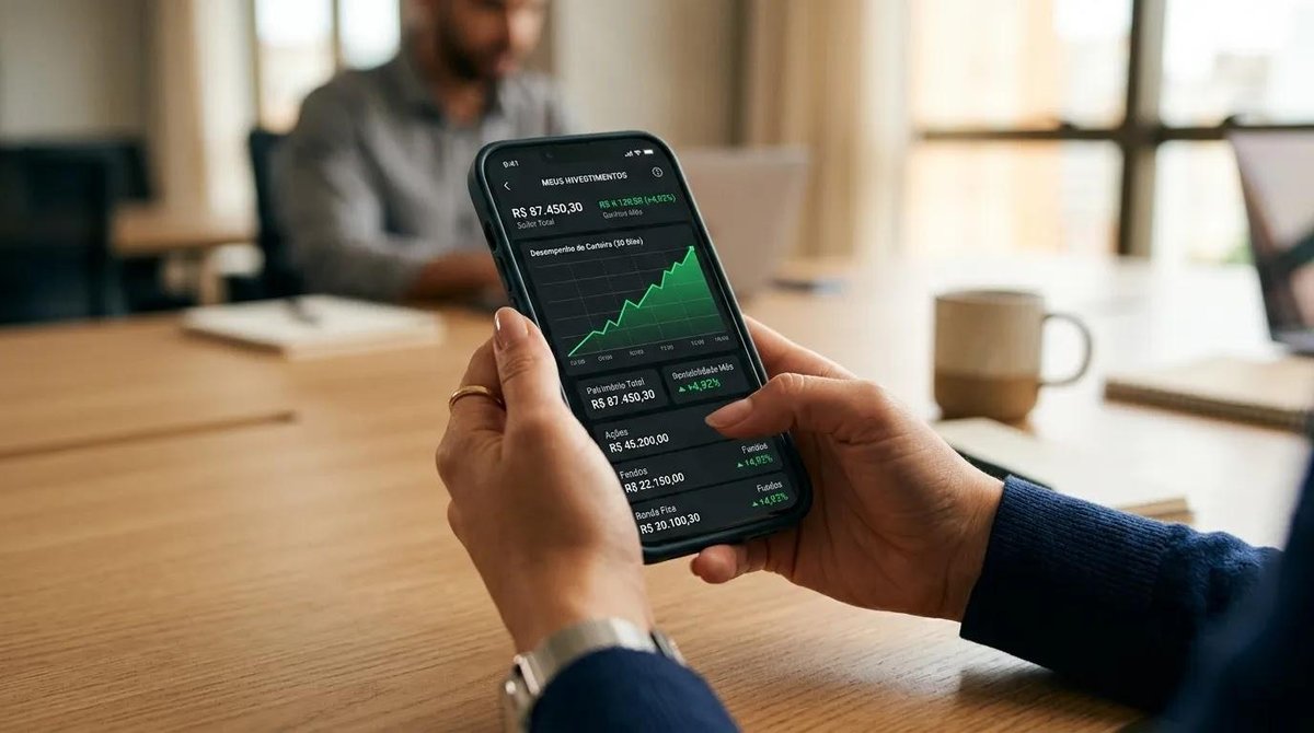 Pessoa consultando investimentos com juros compostos no celular