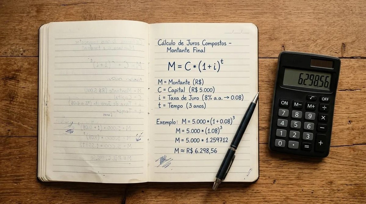 Cálculos de juros compostos feitos em caderno com fórmula