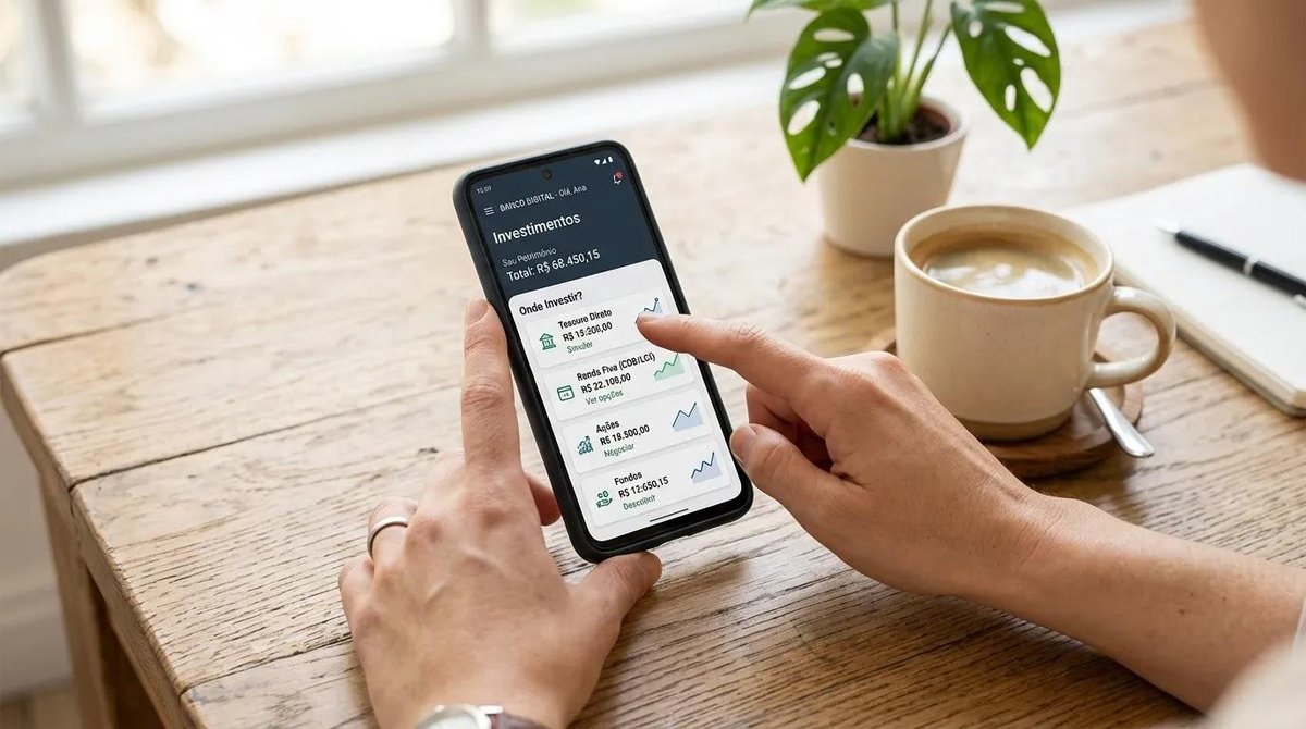 pessoa analisa investimento em CDB no celular