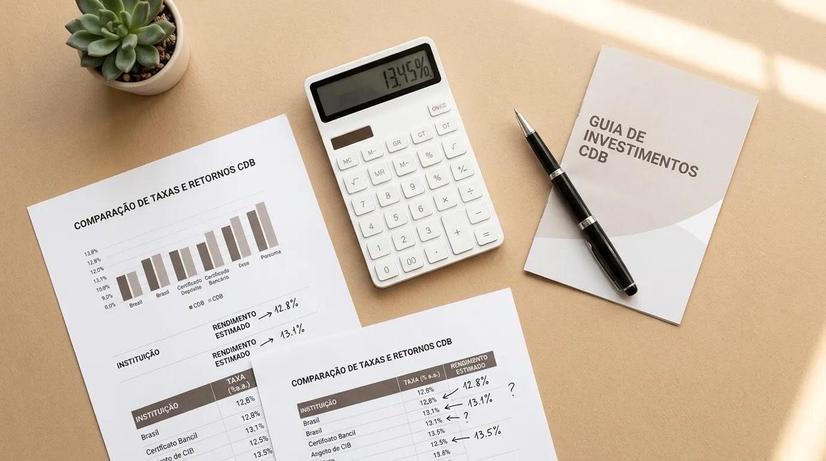 documentos com tipos de CDB e calculadora sobre a mesa