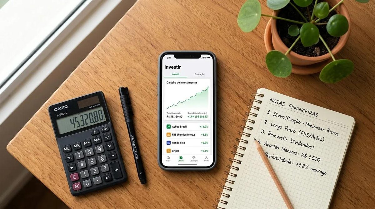 calculadora, caderno e celular na mesa