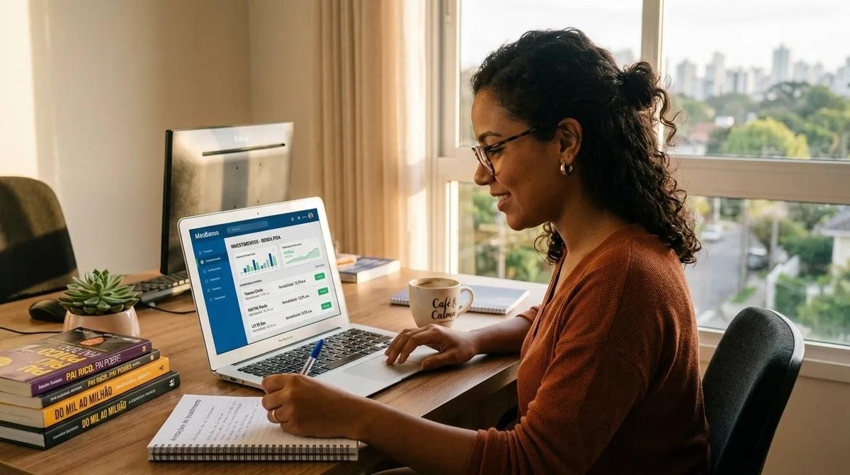 mulher analisando investimentos de renda fixa no computador