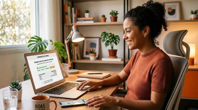 Mulher finalizando compra com checkout transparente no laptop