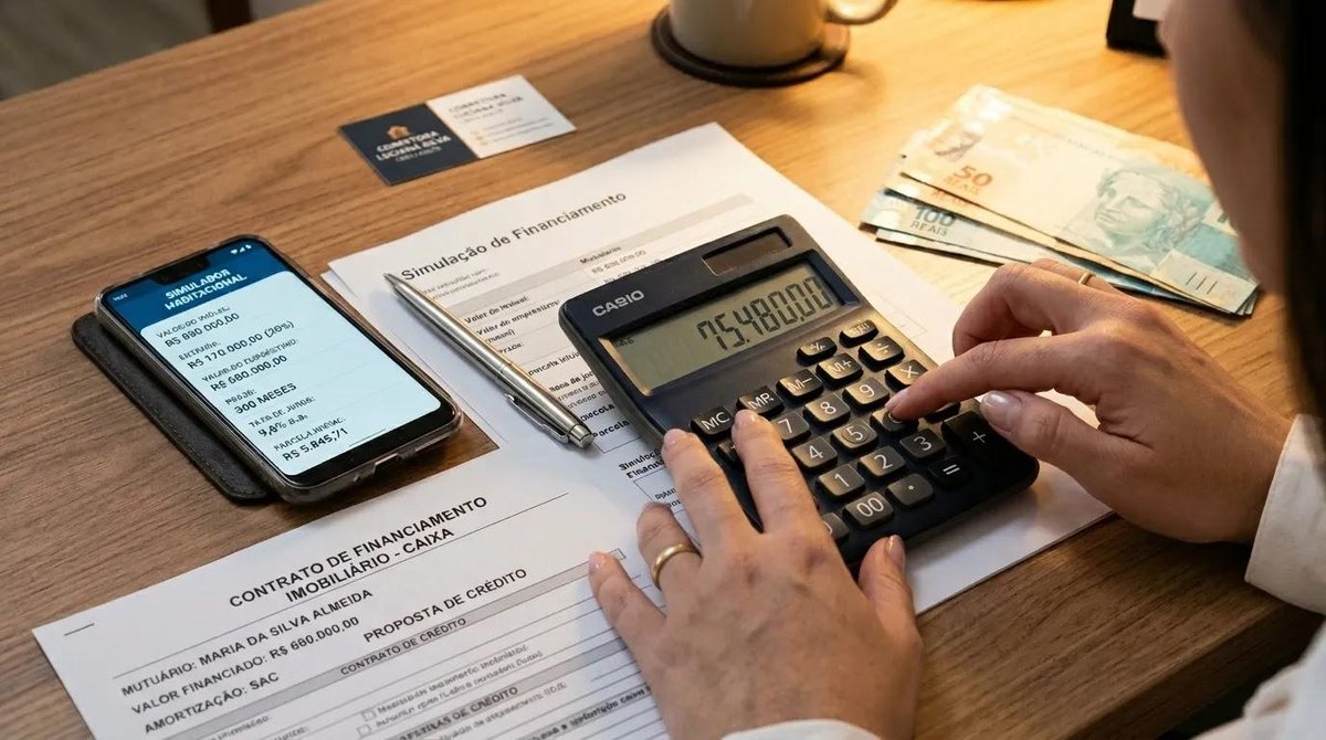pessoa com calculadora, celular e documetos, analisa Taxa Referencial