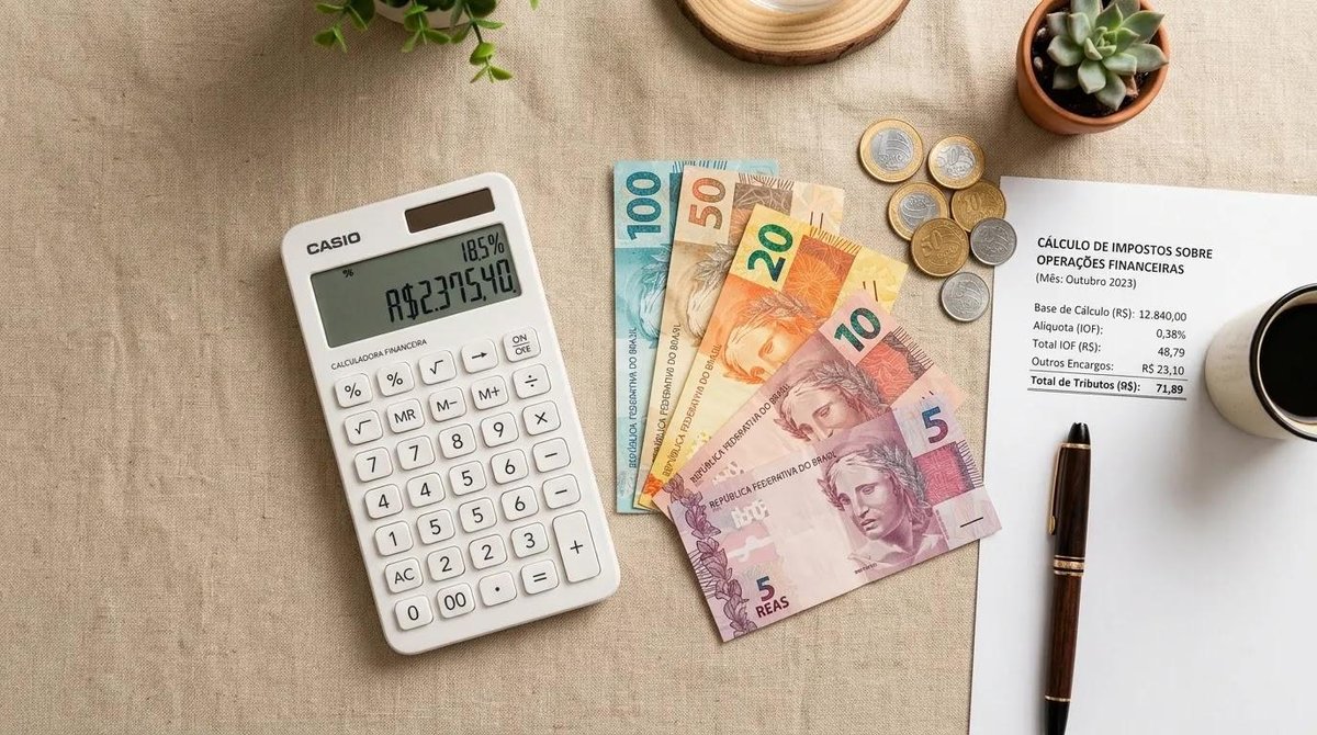 Calculadora, dinheiro e folha com cálculo de impostos sobre a mesa