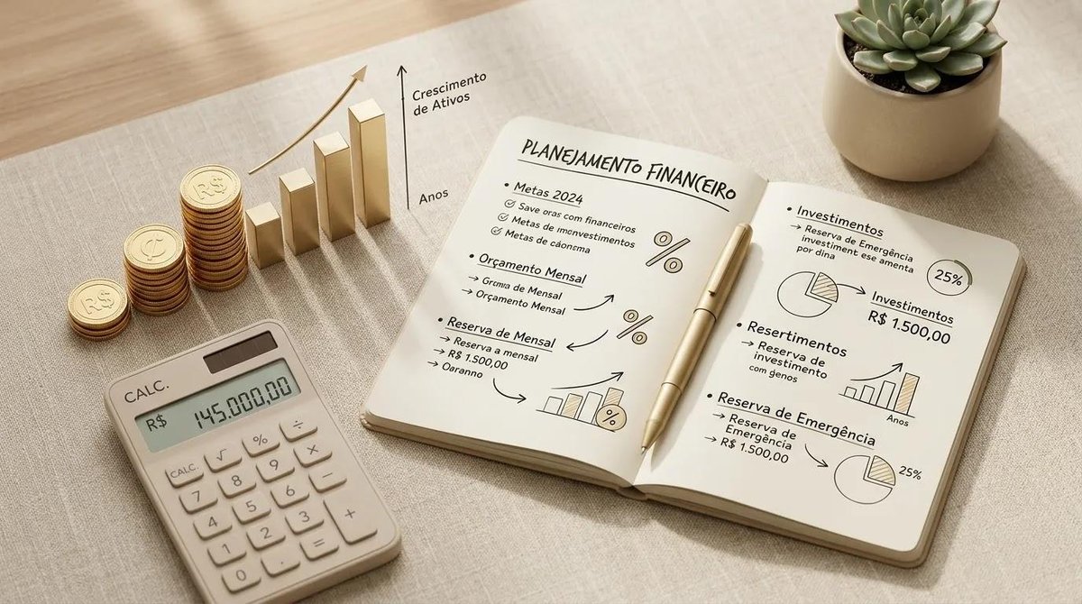 caderno com cálculo do rendimento do CDI, calculadora e moedas na mesa