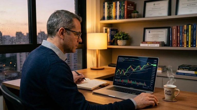 Investidor analisando gráficos de swing trade em laptop