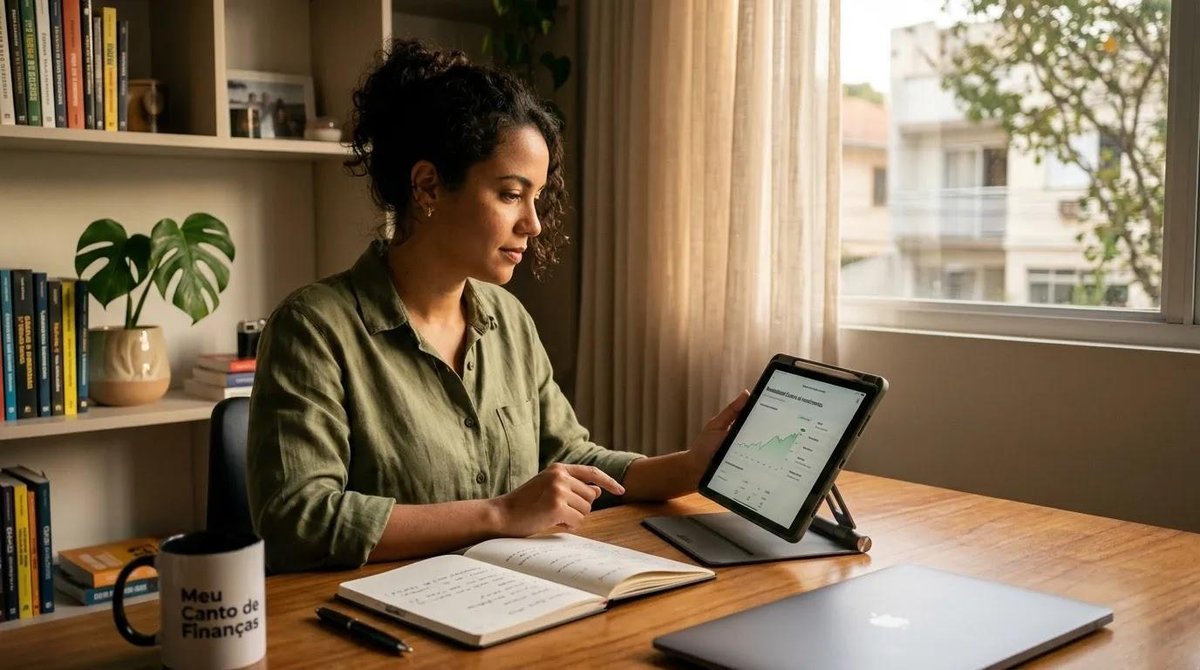 mulher planeja investimentos no Tesouro Direto com tablet e caderno