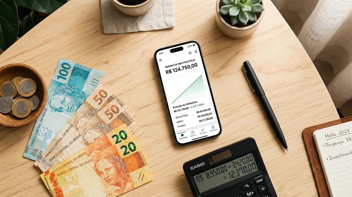 moedas, dinheiro, celular e calculadora sobre a mesa