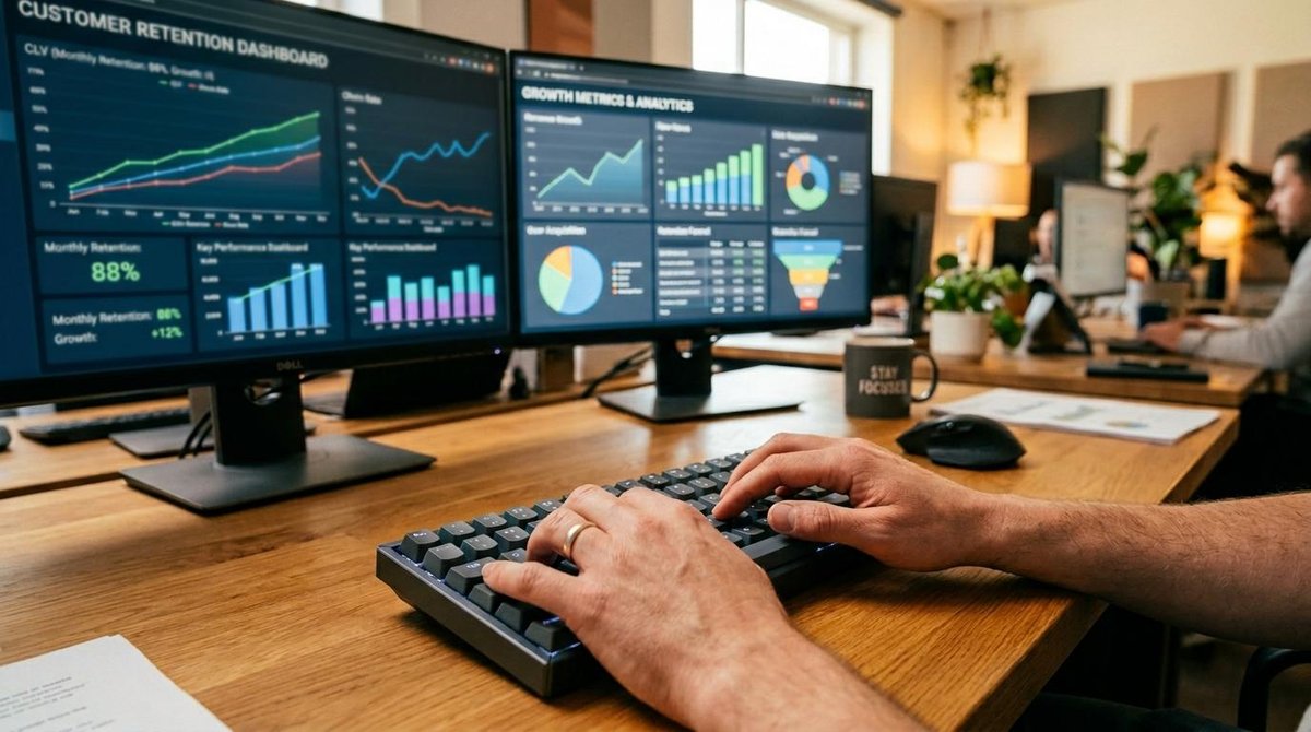 pessoa analisa gráficos de retenção de Clientes de Assinatura no computador